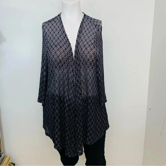 Catherines Open Cardigan  3XWP Black‎ Geometric Stretch Lagenlook Semi Sheer - Picture 1 of 11
